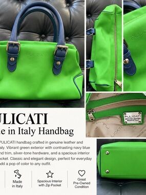 Pulicati Green Leather Satchel with Navy Trim